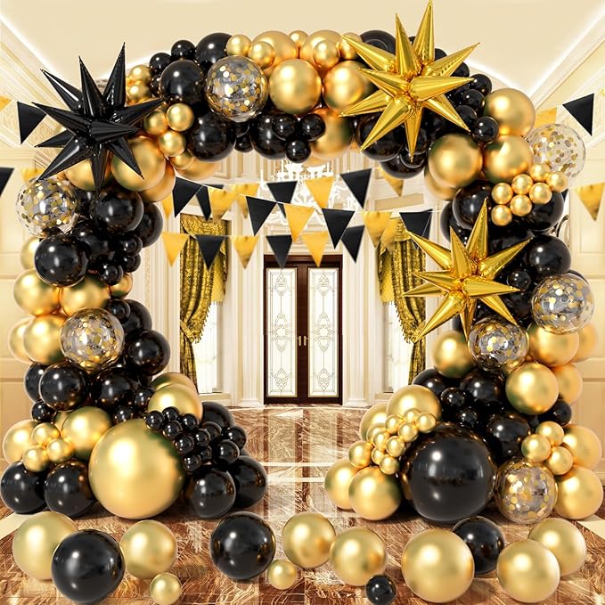 Bonropin Black and Gold Balloon Garland Arch Kit 158pcs with Black Gold Confetti Balloons, Star Foil Balloons, for Graduation New Year Anniversary Birthday Party Decorations