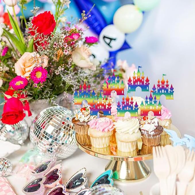 24 PCS Castle Cupcake Toppers Princess Cupcake Toppers Castle Theme Birthday Party Decoration Princess Party Supplies Princess Birthday Cake Decoration for Girls Princess Baby Shower Supplies Colorful