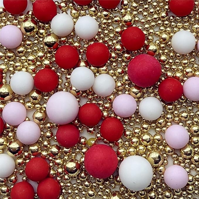 CandiJumpin Edible Pearls for Cake Decorating, Valentines Sprinkles Red White Pink Pearl Sprinkles Gold Sugar Pearls Edible Cake Decorations Valentine Baby Shower Party Birthday Wedding Christmas Supplies 3 OZ