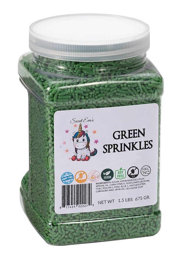 GREEN SPRINKLES- Gluten Free. Dairy Free. Egg Free. Soy Free. Nuts free.Kosher.Vegan.Sprinkles For Baking,Decorating,Cakes,Cupcakes,Cookies,Toppings,Jimmies,Sugar Shapes,Large,Bulk Candy