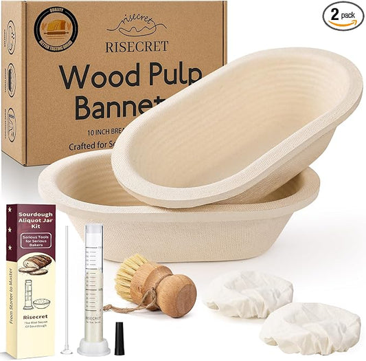 Non-Stick 10" Oval Wood Pulp Banneton Bread Proofing Basket Set Of 2 With Aliquot Jar, Sourdough Banneton Basket Set, Bread Making Tool Brotform Sourdough Bread Baking Supplies