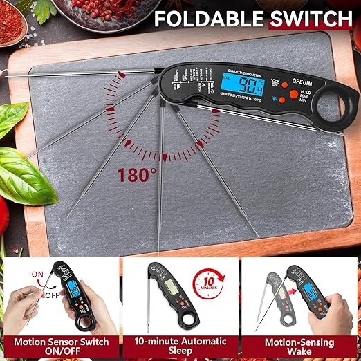 Meat Thermometer Digital, Instant Read Food Thermometer, Waterproof Food Thermometer with Backlight for Grilling and Cooking, BBQ, Deep Fry, Turkey, Candy, QPEUIM-Black