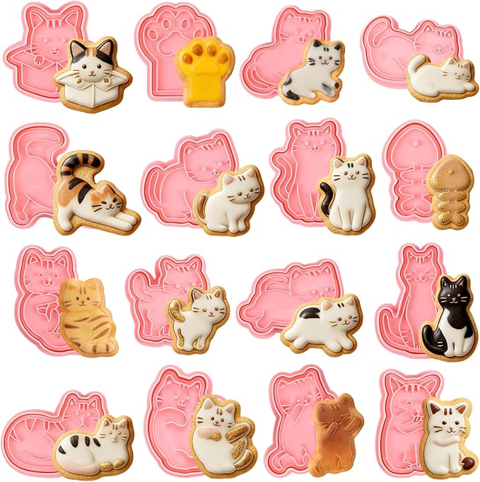 Jspupifip 16 Pack Mini Cute Cat Animal Cookie Cutters Set, 3D Cookie Plunger Stamps Cartoon Animal DIY Press Molds Baby Shower Cracker Cutters Birthday Party Baking Supplies Clay Biscuit Molds