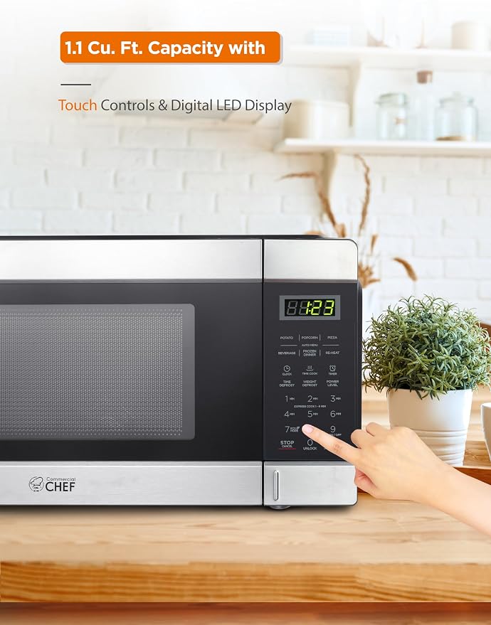 COMMERCIAL CHEF 1.1 Cu Ft Microwave with 10 Power Levels, Small Microwave with Push Button, 1000W Countertop Microwave with Kitchen Timer, Door Lock, & Digital Controls, Stainless Steel