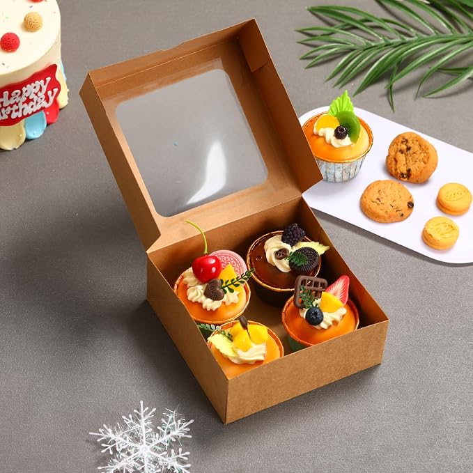 Tuck-Free Cookie Boxes with Window 48 Pack - 6x6x2.5 IN Cardboard - Pastry Containers & Cupcake Box for Baked Goods Packaging - Easy Assemble Mini Treat Holders,Kraft