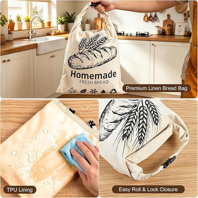 2 Pack Beeswax Bread Bags for Sourdough, XL Reusable Organic Linen Beeswax Bread Bag for Homemade Sourdough Food Storage Cloth Bag with 20 Paper Bread Bags, Freezer-Friendly Freshness Preservation