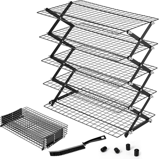 Timeet 5 Tier Upgraded Collapsible Cooling Rack with Adjustable 3 Setting Design, Stackable Baking Rack with Clean Brush, Roasting Cooking Drying Wire Cooling Rack for Cookies Baking ＆ Grilling