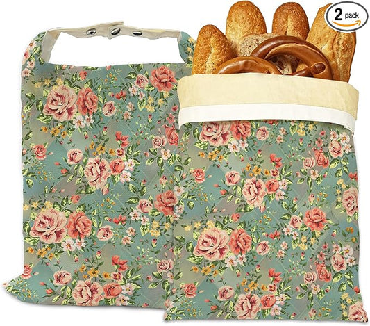 Bread Bags for Homemade Bread, Vintage Floral Rose Flower 2 Pack Linen and Beeswax Sourdough Storage Bags, Reusable Keeper, Keeps Breads Fresh Longer, Gifts for Bakers