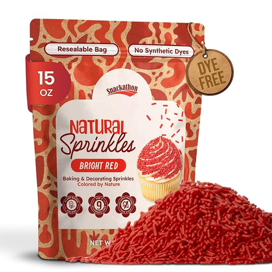 Snackathon Natural Sprinkles for Baking & Decorating, Dye-Free Red Sprinkles, 15 oz Bulk Jimmies in Resealable Bag - Naturally Colored, No Artificial Dyes, Gluten-free for Cakes, Cupcakes & Ice Cream