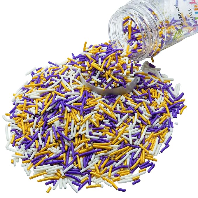 SE Si&Moos Gold Purple and White Jimmies Sprinkles Gold and Purple Halloween Sprinkles for Cake Decorating Edible Crunchy Jimmies for Topping Ice Cream, Cookies, Cakes, Cupcakes, Dessert Decorating 3 OZ