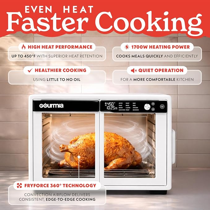 Gourmia French Door Air Fryer Oven - 37 Qt Large Capacity Convection Toaster Oven, FryForce 360°, Digital Display, 12 Cooking Presets, Dehydrate, Fits 13” Pizza, Dishwasher-Safe, White