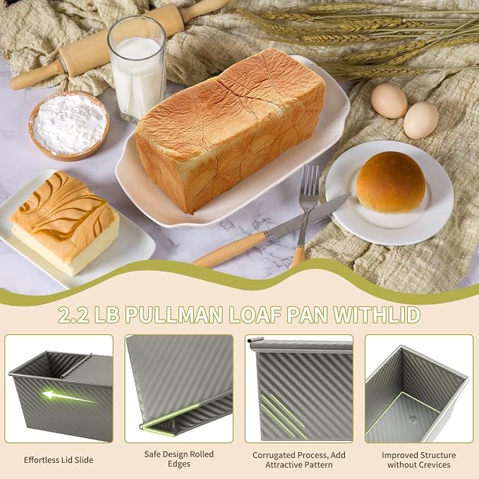 Large Loaf Pan with Lid, 2.2 LB Dough Capacity Loaf Pan, 13 x 5 Inch Baking Mold Non-Stick Bakeware Carbon Steel Bread Toast Mold with Cover for Baking Bread