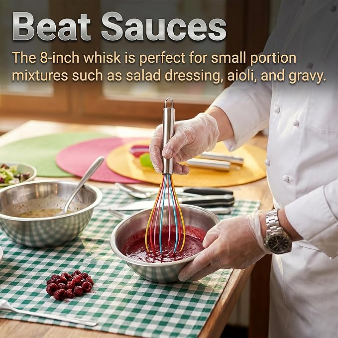 Silicone Whisk,Stainless Steel Wired Wisk Set 8" 10" 12",Heat Resistant 480°F,Perfect for Non-Stick Cookware, Kitchen Whisks for Whisking, Cooking, Baking, Beating & Frothing (Rainbow)