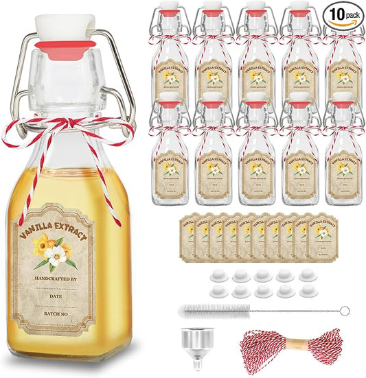 10 Pack Swing Top Glass Vanilla Extract Bottles 4 oz with Lids, Vanilla Extract Labels and Funnel, Glass Boston Bottles for Syrup Gift, Flip Top Jars