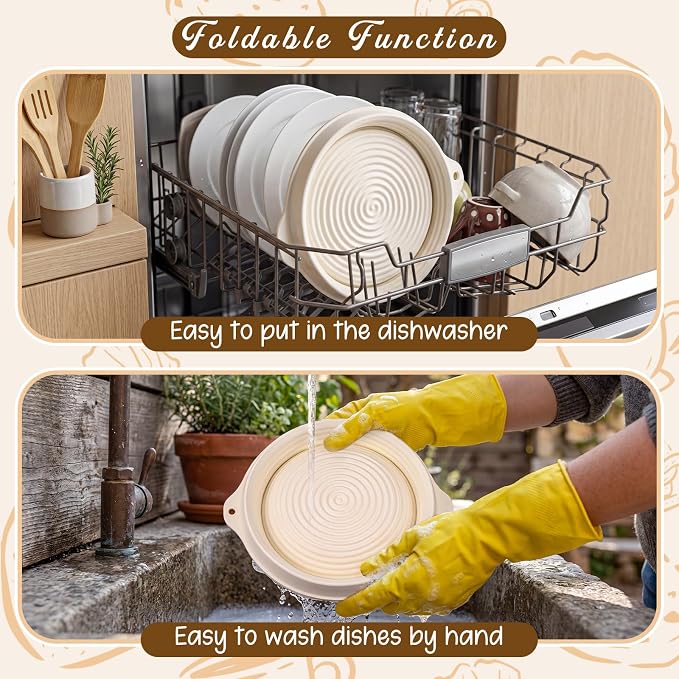 Fanfanwin 4 Pcs Silicone Banneton Bread Proofing Baskets, 10" Beige Round Foldable Non-Stick Dough Proofing Bowl Containers with Handles, Sourdough Bread Baking Supplies, Oven & Dishwasher Safe