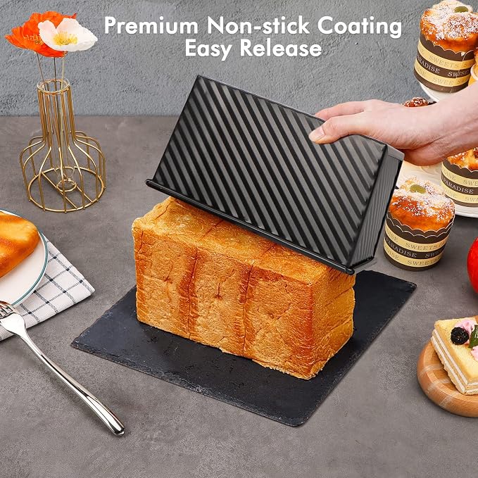 Beasea Pullman Loaf Pan with Lid, 2 Pack 1 lb Non-Stick Black Sandwich Bread Loaf Pans for Homemade Bread Carbon Steel Toast Box with Cover for Bakeware Toast Mold Oven Baking