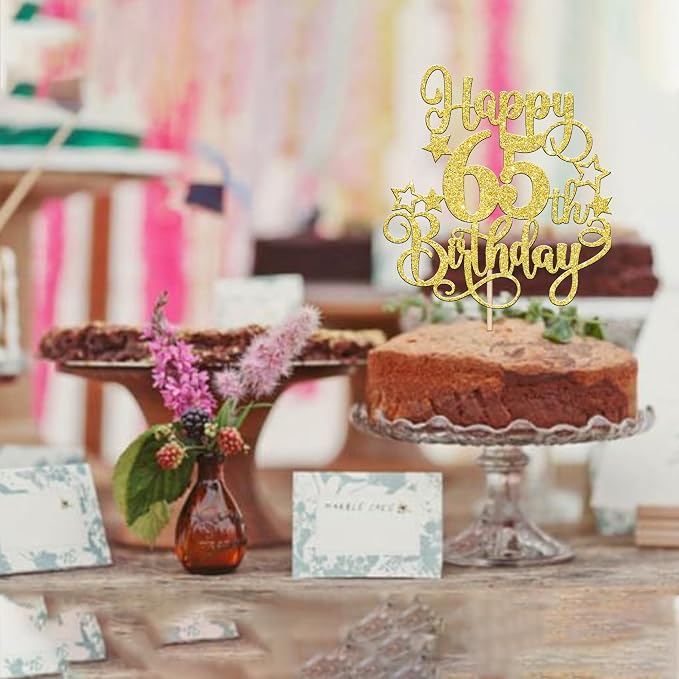 1 PCS Happy 65th Birthday Cake Topper Glitter Cheers to 65 Years Birthday Cake Pick Hello 65 Fabulous Cake Decoration for Happy 65th Birthday Anniversary Party Decorations Supplies Gold