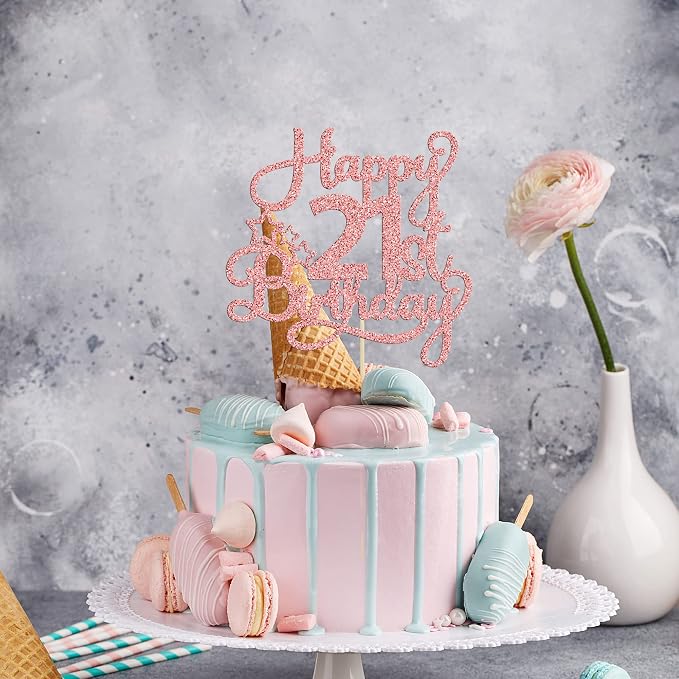 1 Pack Happy 21st Birthday Cake Topper - Rose Gold Glitter '21 & Fabulous' - Cheers to 21 Years Old Cake Pick for Celebrating Anniversary Party Decorations Supplies