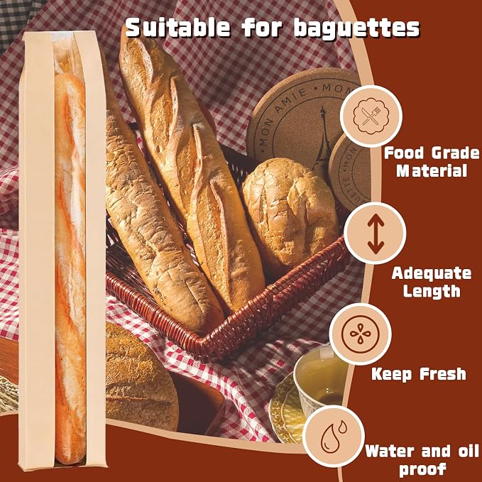 50 Pack Baguette Bags for Homemade Bread with Stickers, Reusable Kraft Paper Bread Bags, Long Sourdough Paper Bag with Clear Front Window
