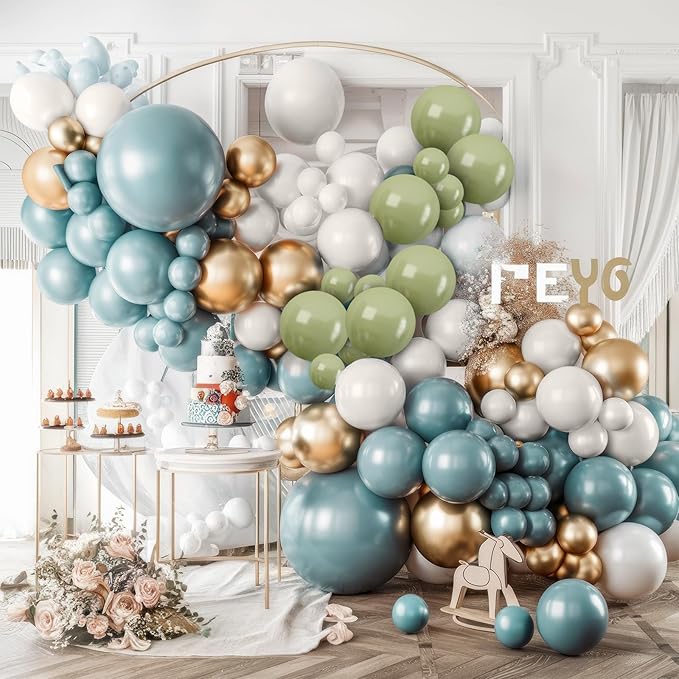 Dusty Blue Green Balloon Garland Kit, Slate Blue Haze Fog Blue Sage Green Beige Gold Balloon Arch Kit, Pastel Olive Green Retro Blue Balloons Arch for Birthday Boho Bridal Shower Wedding Decorations