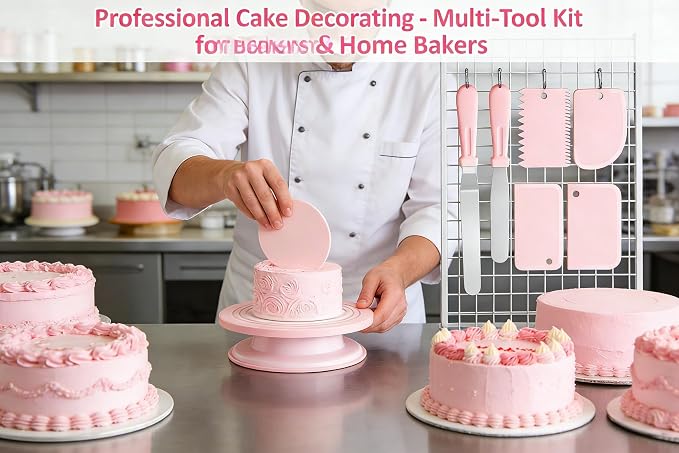 Cake decoration kit baking supplies cake turntable with 2 right angle spatulas and 3 smoothie scraper baking accessories for beginners and professionals, pink