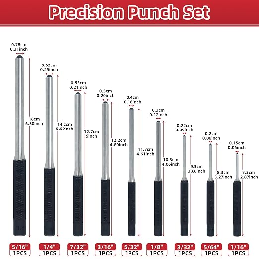 9-Piece Roll Pin Punch Set - Precision Steel Punches for Gunsmithing, Watch Repair & DIY (1/16" to 1/4") - Includes Tool Pouch, Ideal for Firing Pin Removal, Nail Punching & Building Projects