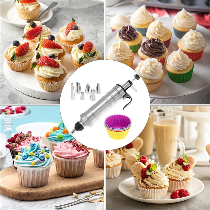 QWORK Dessert Decorating Syringe Set, 304 Stainless Steel Frosting Icing Piping Kit with 6 Replaceable Tips and 8 Silicone Cupcakes - Ideal for Cakes, Cupcakes, Cookies