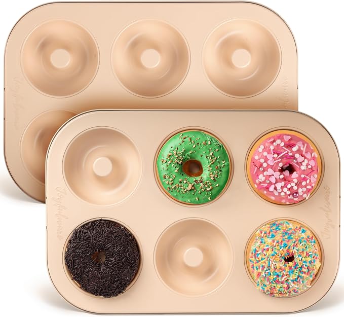 Donut Pan for Baking - Set of 2 Non-stick Donut Pans - Carbon Steel Doughnut Pan - 6 Cavity Full-Sized Donut Molds for Baking - Trendy Beige Donut Baking Pan
