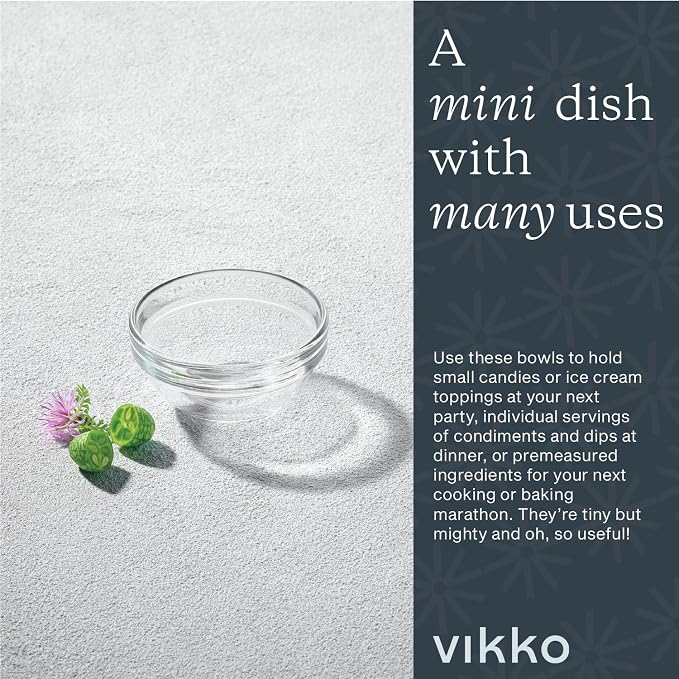 Vikko Small Glass Bowls, Set of 6, 3 Inch, Modern, Clear, Solid, 9 Ounce, Microwave & Dishwasher Safe, Round, Kitchenware, Dip & Dessert Bowls
