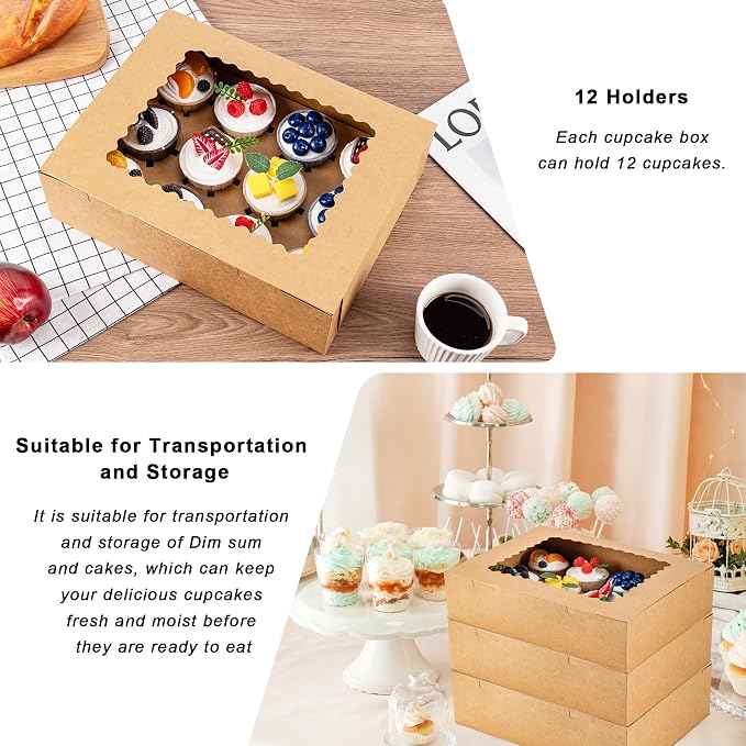 Hoewina 6PCS Cupcake Boxes - Hold 12 Count Cupcake Containers with Window, Food Grade Cupcake Holder Easy Transport and Presentation - Ideal for Cupcakes, Desserts, and More (Brown)