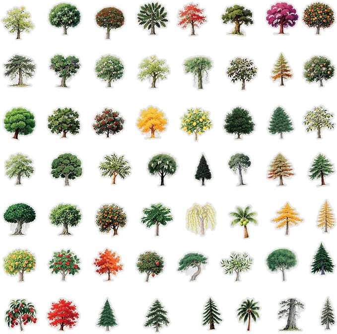 56 pcs Tree Plant Clear PET Stickers, Four Seasons Forest Leaf Palm Transparent Die-Cut Decals, Waterproof Aesthetic Stickers for Journal Scrapbook Planner Nature DIY Craft Decor