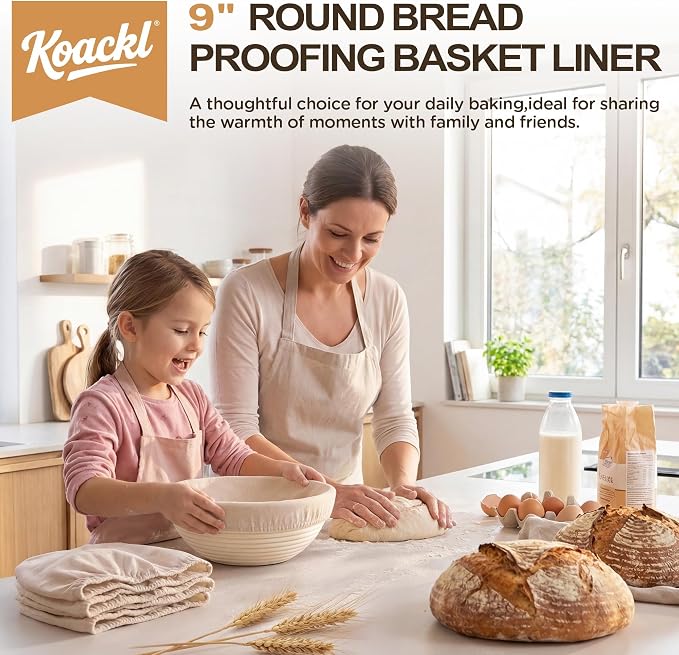 Koackl Bread Proofing Cover - 6 Pack Basket Linen Cloths, Reusable Cotton Bread Proofing Liners for Sourdough Baking, 9" Compatible with Round Banneton Baskets