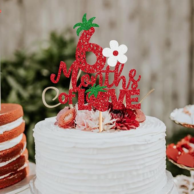 1 Pack Strawberry Happy 6 Months Half Way to One Cake Topper - Red Berry Sweet Half Birthday Cake Decoration