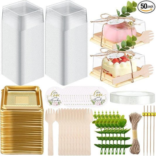 Honeydak Clear Cake Containers with Lids Wedding Cake Pans Cupcake Container Muffins Box Cocktail Picks Appetizer Thanks Tags Eucalyptus Leaves for Wedding Birthday Dessert Display(50 Sets)