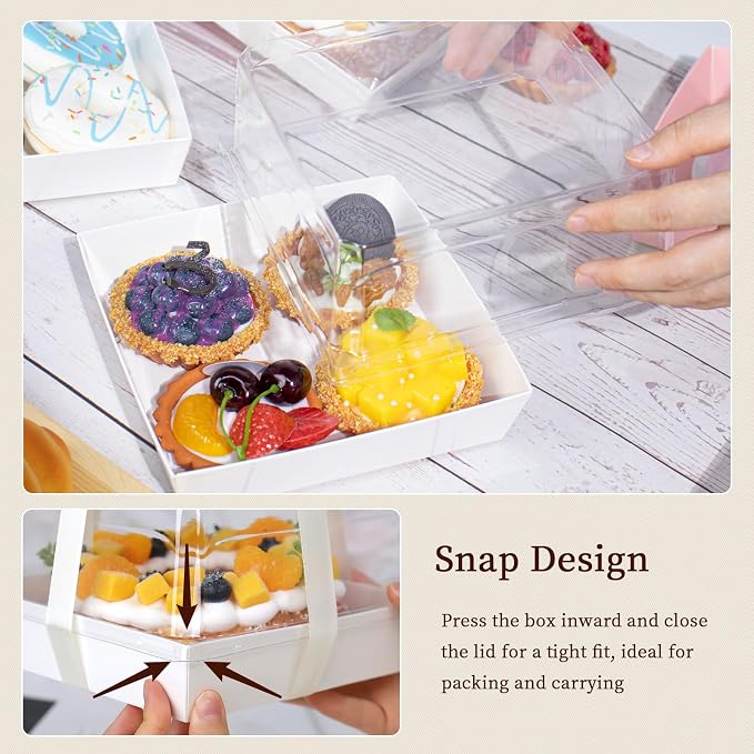 7 x 7 x 4 Inches Paper Cake Boxes with Clear Lids, 50 Pack White Large Charcuterie Square Food Containers, Valentine's Day Disposable Bakery Boxes for 4-6 Inch Bundt Cake, Pie, Dessert