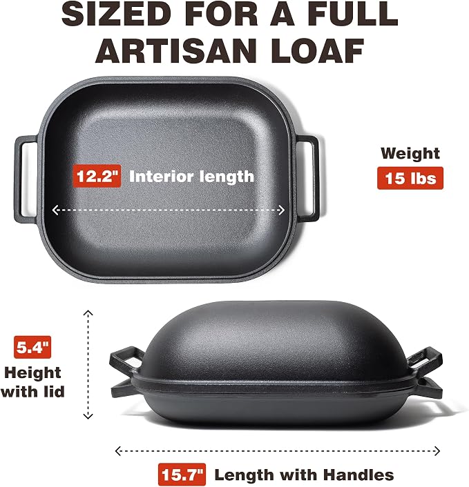 KUHA Cast Iron Bread Oven with Lid | Oval Sourdough Dutch Oven for Bread Baking | Pre-Seasoned Cast Iron Bread Pan | Bread Lame Included