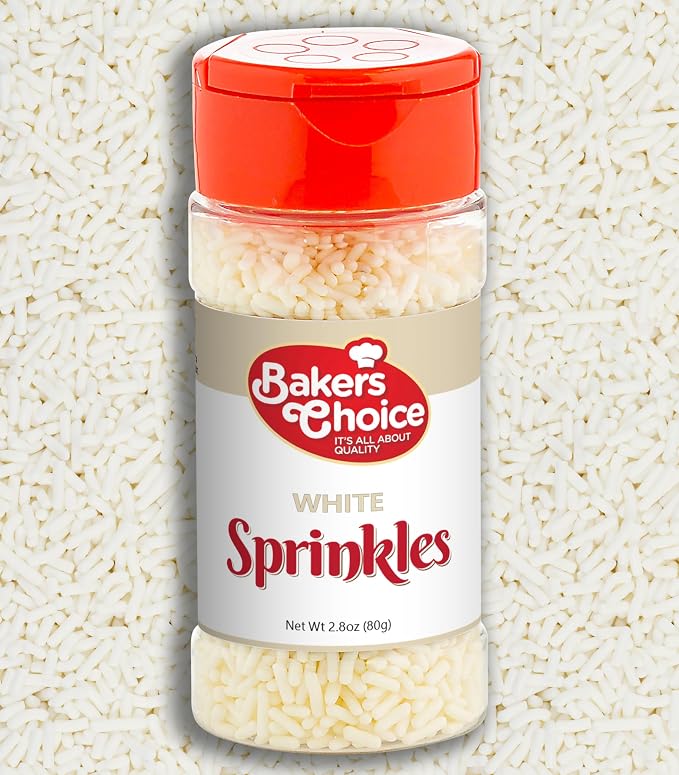 Bakers Choice White Sprinkles for Baking - Jimmies Sprinkles for Ice Cream Toppings - Dairy Free, Kosher 2.8 oz.