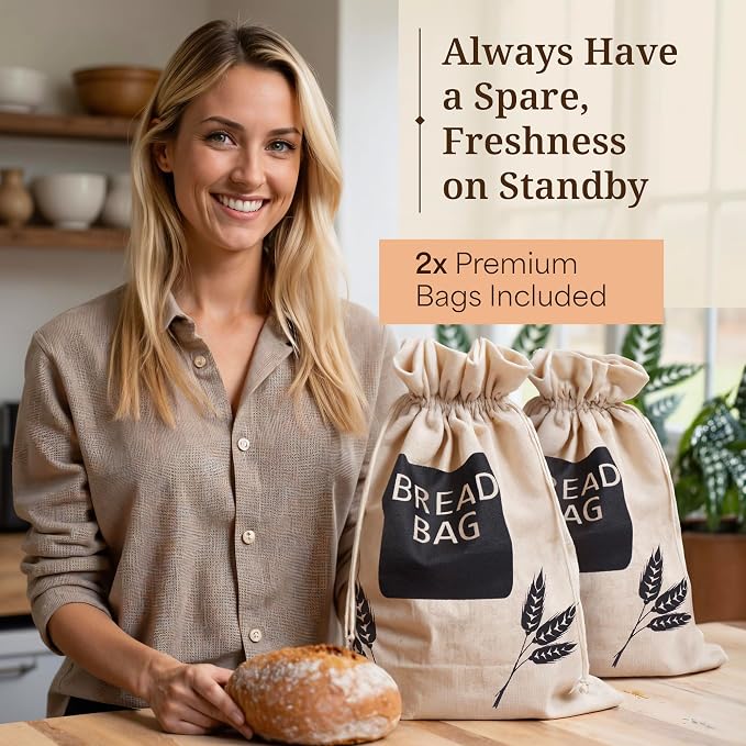2 x Plastic Lined Bread Bags For Homemade Bread/Homemade Bread Storage Linen - XL 44cm x 35cm
