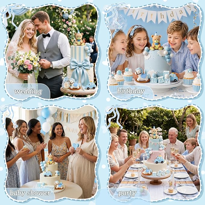 MEMOVAN Blue Bear Cake Topper 17Pcs Teddy Bear Cake Decorations We Can Bearly Wait Cake Topper with Blue White Balls Car Horse for Bears Themed Baby Shower Birthday Party Supplies