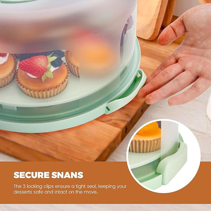 NPLUX Green Cake Containers with Lids Round Plastic Cupcake Holders 4-in-1 Multipurpose Cake Carrier Holder for 11 Inch Cake Pies Cupcake Eggs Fruit or Snack Transport