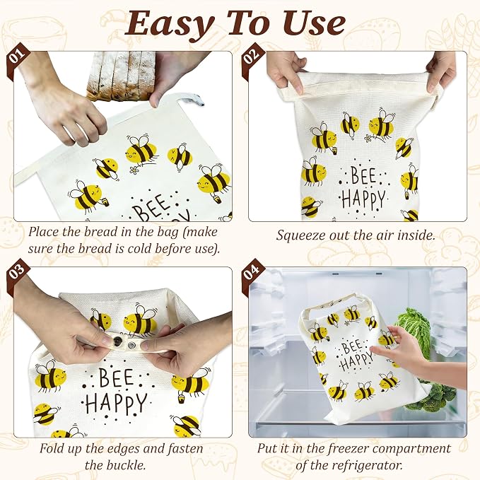 Beeswax Bread Bags, 2 Pack for Homemade Bread and Sourdough Storage | Bee Happy, Reusable Polyester Bread Storage With Beeswax Coating And Snap Closures