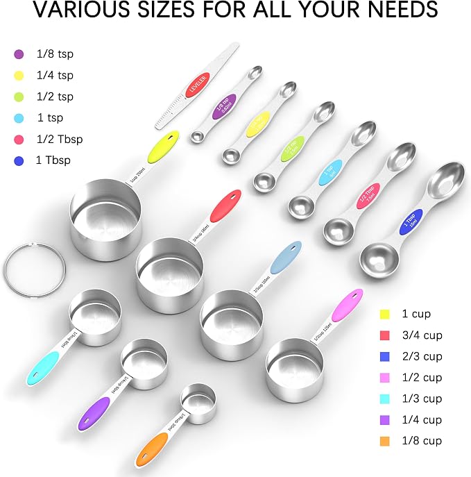 TILUCK Nesting Measuring Cups and Spoons Set, Stainless Steel with Soft Silicone Handle – Heavy Duty & Dishwasher Safe for Measuring Dry/Liquid Ingredients, Ideal for Cooking & Baking (14)