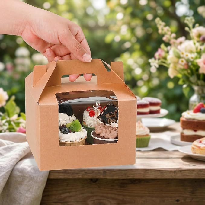 Jucoan 40 Pack Kraft Gable Bakery Treat Boxes with 4-Count Cupcake Insert, Clear Window & Handle, Rustic Paper Gift Box Lunch Togo Boxes for Muffins, Cupcakes, Cookies, Birthday Wedding Party Favors