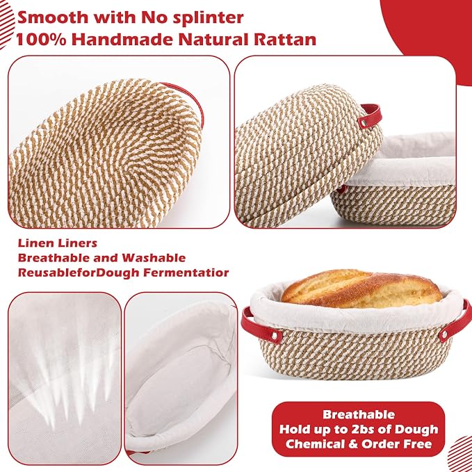 Gejoy 4 Pcs 10 Inch Cotton Rope Banneton Bread Proofing Basket Set Oval Bread Baskets with Liners & Covers Proofing Baskets for Sourdough Baking with 4 Strickle for Home Bakers Wife Mom(Yellow, White)