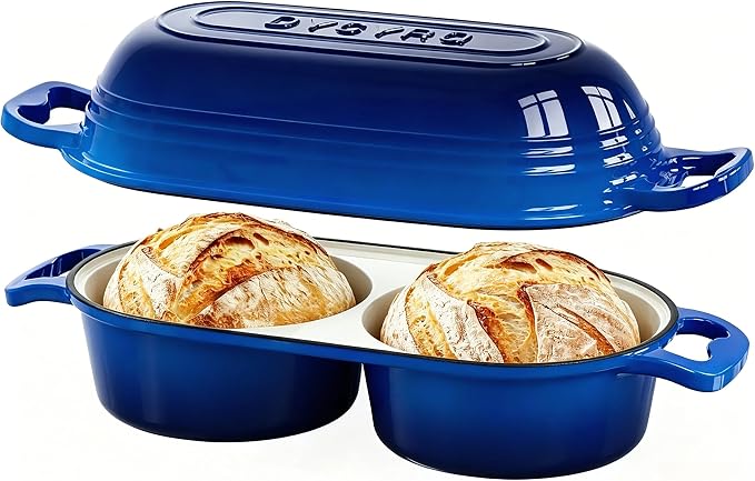 Dutch Oven For Sourdough Bread Baking – Enameled Cast Iron Dutch Oven Pot with Lid, Double Bread Loaf Pan – 500°F Oven Safe Non Stick Bread Pot for Homemade Bread, Meatloaf, Cake, Round Loaf Space, Even Heating–Dark Blue