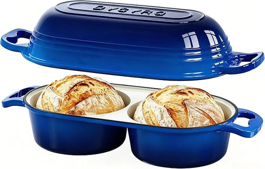 Dutch Oven For Sourdough Bread Baking – Enameled Cast Iron Dutch Oven Pot with Lid, Double Bread Loaf Pan – 500°F Oven Safe Non Stick Bread Pot for Homemade Bread, Meatloaf, Cake, Round Loaf Space, Even Heating–Dark Blue