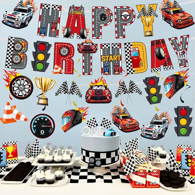 Zwiebeco Race Car Happy Birthday Banner Bunting Hanging Paper Swirls Garland Party Decorations for Racing Themed Boys Men Bday Baby Shower Decor Accessories Supplies