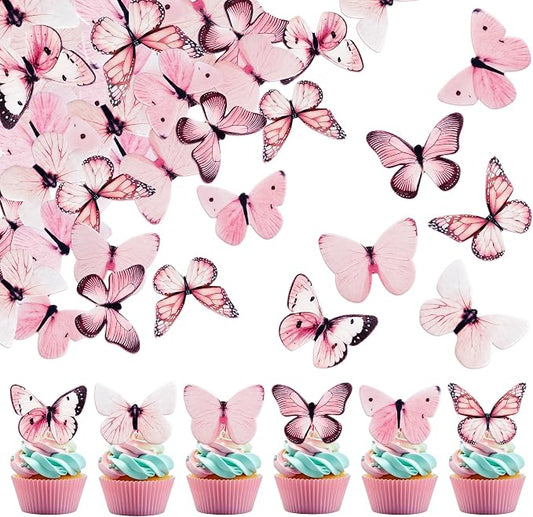 80Pcs Pink Edible Butterfly Cake Decorations Wafer Paper Butterfly Cupcake Toppers Butterflies Cupcake Toppers for Wedding Birthday Anniversary Flower Themed Party Supplies