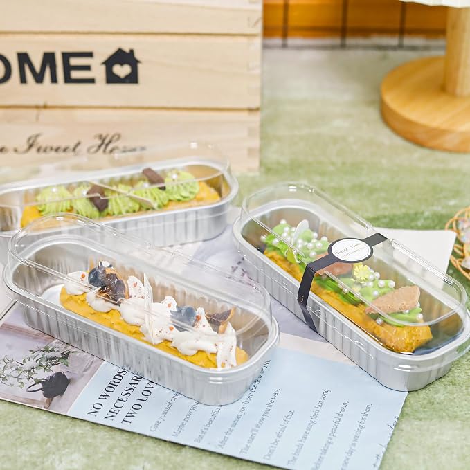 Foil Loaf Pans with Lids, 50 Pack Silver 6.8oz for Meal Prep | Works for sweet bites, savory samples, dips and layered cups; topping visibility supports counter display.