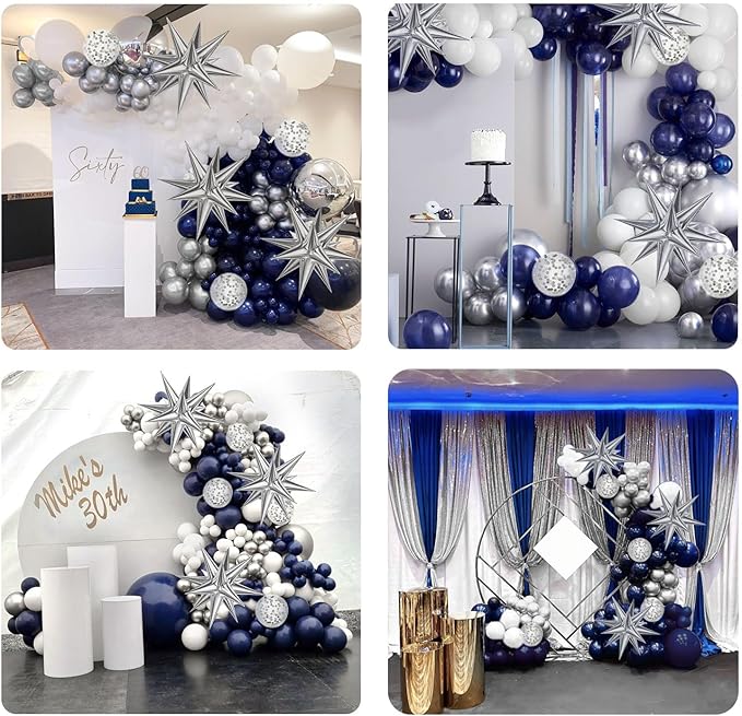 130pcs Navy Blue and Silver Balloon Garland Arch Kit with 3pcs Silver Star Balloons, Royal Blue Metallic Silver White Balloons for Birthday Baby Shower Wedding Graduation Party Decorations